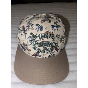 World Class Grandpa Fishing Print Snapback Hat Tan Bass Lure Vintage Style Cap